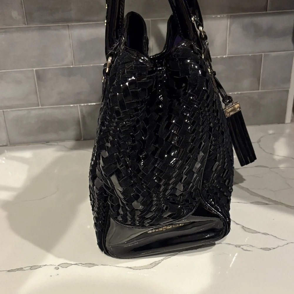 Cole Haan Black Woven Patent Leather & Suede Shoulder Bag, Purple Lining. - Picture 5 of 9
